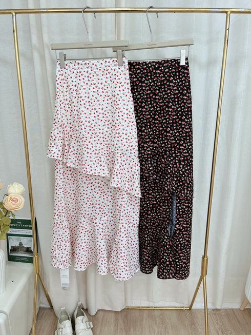 Ladies Floral Print Frill Side Slit Long Skirts